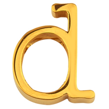 Letter: D, roestvrijstalen kraal in de vorm van een letter, goudkleurig, 13 x 10 x 3 mm, gatdiameter: 1,8 mm