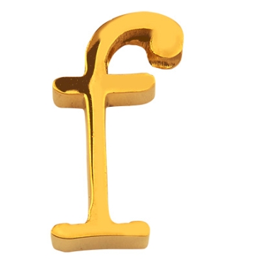 Letter: F, roestvrijstalen kraal in de vorm van een letter, goudkleurig, 12,5 x 7 x 3 mm, gatdiameter: 1,8 mm
