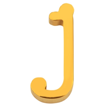 Letter: J, roestvrijstalen kraal in de vorm van een letter, goudkleurig, 13 x 6 x 3 mm, gatdiameter: 1,8 mm
