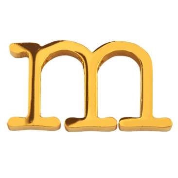 Letter: M, roestvrijstalen kraal in de vorm van een letter, goudkleurig, 12 x 22 x 3 mm, gatdiameter: 1,8 mm