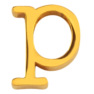 Letter: P, roestvrijstalen kraal in de vorm van een letter, goudkleurig, 12 x 9 x 3 mm, gatdiameter: 1,8 mm