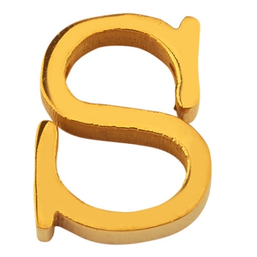 Letter: S, roestvrijstalen kraal in de vorm van een letter, goudkleurig, 11 x 9 x 3 mm, gatdiameter: 1,8 mm