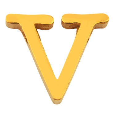 Letter: V, roestvrijstalen kraal in de vorm van een letter, goudkleurig, 12 x 14,5 x 3 mm, gatdiameter: 1,8 mm