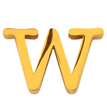 Letter: W, roestvrijstalen kraal in de vorm van een letter, goudkleurig, 12 x 19 x 3 mm, gatdiameter: 1,8 mm