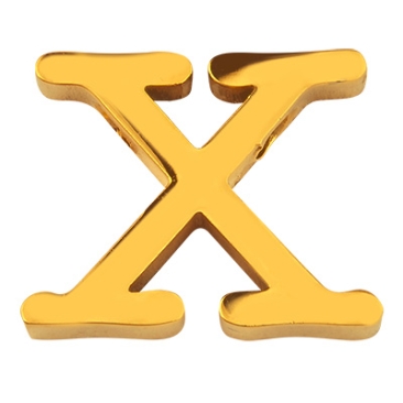 Letter: X, roestvrijstalen kraal in de vorm van een letter, goudkleurig, 11,5 x 15 x 3 mm, gatdiameter: 1,8 mm