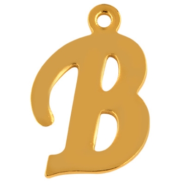Letter: B, roestvrijstalen hanger in de vorm van een letter, goudkleurig, 14 x 9 x 1 mm, gatdiameter: 1 mm