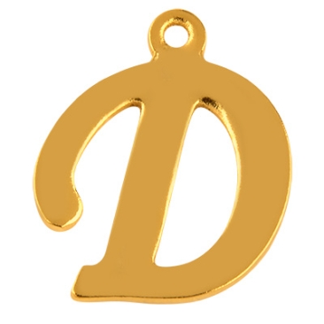 Letter: D, roestvrijstalen hanger in de vorm van een letter, goudkleurig, 14 x 11,5 x 1 mm, gatdiameter: 1 mm