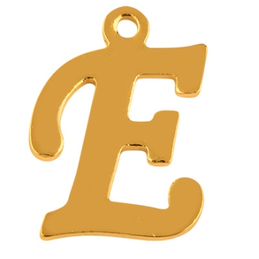 Letter: E, roestvrijstalen hanger in de vorm van een letter, goudkleurig, 13,5 x 10 x 1 mm, gatdiameter: 1 mm