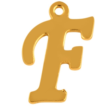 Letter: F, roestvrijstalen hanger in de vorm van een letter, goudkleurig, 14 x 9 x 1 mm, gatdiameter: 1 mm