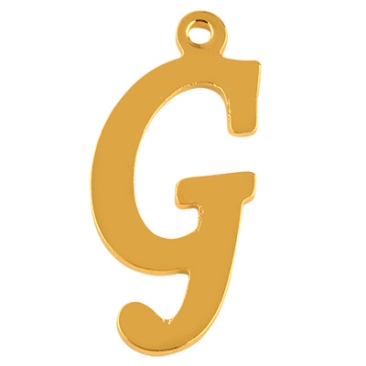 Letter: G, roestvrijstalen hanger in de vorm van een letter, goudkleurig, 18 x 8 x 1 mm, gatdiameter: 1 mm