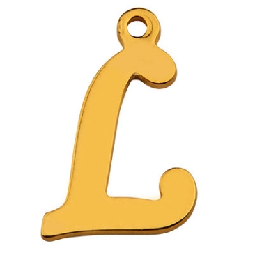 Letter: L, roestvrijstalen hanger in de vorm van een letter, goudkleurig, 15 x 8 x 1 mm, gatdiameter: 1 mm