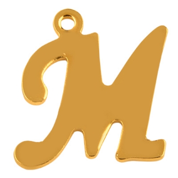 Letter: M, roestvrijstalen hanger in de vorm van een letter, goudkleurig, 14 x 13 x 1 mm, gatdiameter: 1 mm