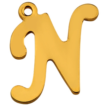 Brief: N, roestvrijstalen hanger in de vorm van een letter, goudkleurig, 14,5 x 12 x 1 mm, gatdiameter: 1 mm
