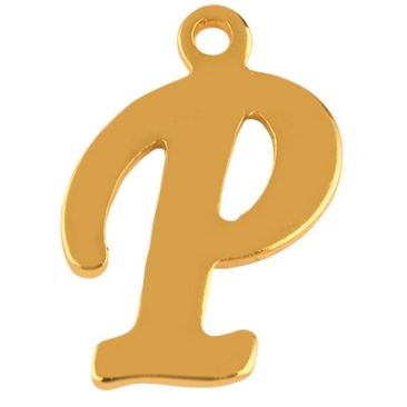 Letter: P, roestvrijstalen hanger in de vorm van een letter, goudkleurig, 14,5 x 9,5 x 1 mm, gatdiameter: 1 mm