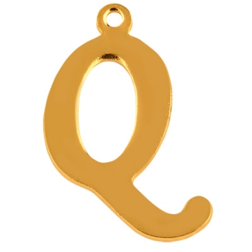 Letter: Q, roestvrijstalen hanger in de vorm van een letter, goudkleurig, 17 x 13 x 1 mm, gatdiameter: 1 mm