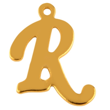 Letter: R, roestvrijstalen hanger in de vorm van een letter, goudkleurig, 15 x 13 x 1 mm, gatdiameter: 1 mm