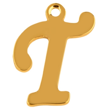Letter: T, roestvrijstalen hanger in de vorm van een letter, goudkleurig, 14 x 10 x 1 mm, gatdiameter: 1 mm