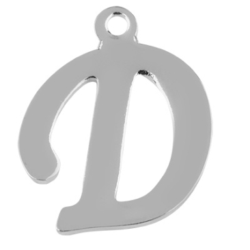 Letter: D, roestvrijstalen hanger in de vorm van een letter, zilverkleurig, 14 x 11,5 x 1 mm, gatdiameter: 1 mm