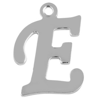 Letter: E, roestvrijstalen hanger in de vorm van een letter, zilverkleurig, 13,5 x 10 x 1 mm, gatdiameter: 1 mm
