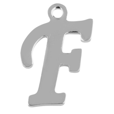 Letter: F, roestvrij stalen hanger in de vorm van een letter, zilverkleurig, 14 x 9 x 1 mm, gatdiameter: 1 mm