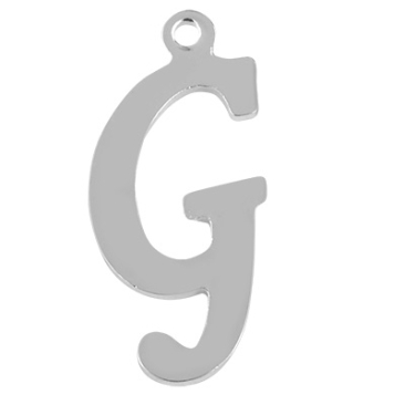 Letter: G, roestvrij stalen hanger in de vorm van een letter, zilverkleurig, 18 x 8 x 1 mm, gatdiameter: 1 mm