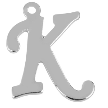 Letter: K, roestvrijstalen hanger in de vorm van een letter, zilverkleurig, 15 x 12 x 1 mm, gatdiameter: 1 mm