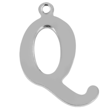 Letter: Q, roestvrij stalen hanger in de vorm van een letter, zilverkleurig, 17 x 13 x 1 mm, gatdiameter: 1 mm