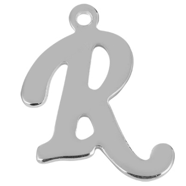 Letter: R, roestvrijstalen hanger in de vorm van een letter, zilverkleurig, 15 x 13 x 1 mm, gatdiameter: 1 mm