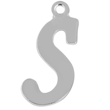 Letter: S, roestvrijstalen hanger in de vorm van een letter, zilverkleurig, 15,5 x 6,5 x 1 mm, gatdiameter: 1 mm