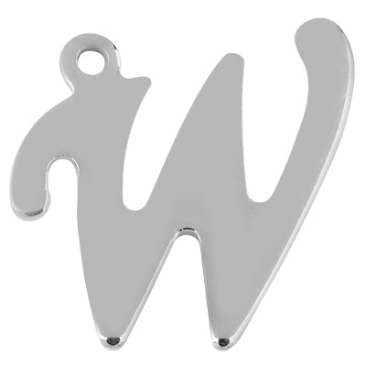 Letter: W, roestvrijstalen hanger in de vorm van een letter, zilverkleurig, 14 x 15 x 1 mm, gatdiameter: 1 mm