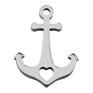 Stainless steel pendant, anchor with heart, silver-coloured, 15 x 11 x 1 mm, loop: 1.2 mm