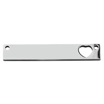 Stainless steel bracelet connector, square with heart, silver-coloured, 36 x 6 x 1.7 mm, eyelet: 1.4 mm