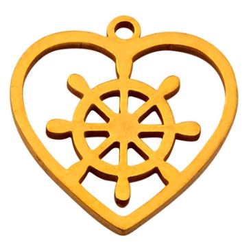 Stainless steel pendant, heart with steering wheel, gold-coloured, 13 x 13 x 1 mm, loop: 1 mm