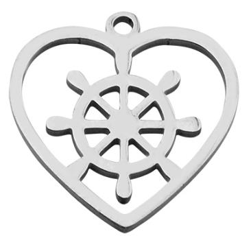 Stainless steel pendant, heart with steering wheel, silver-coloured, 13 x 13 x 1 mm, loop: 1 mm