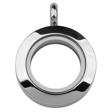 Stainless steel medallion to screw on, front and back made of glass, round, silver-coloured, 21 x 20 x 7 mm, eyelet: 4 mm