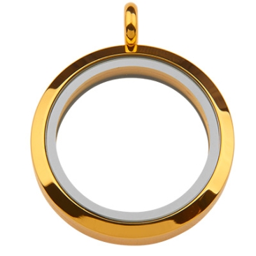Stainless steel medallion with magnetic clasp, front and back made of glass, round, gold-coloured, 36 x 30 x 6.5 mm, eyelet: 4.5 mm, 23 mm inner diameter