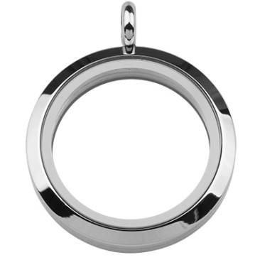 Roestvrijstalen medaillon met magnetische sluiting, voor- en achterkant van glas, rond, zilverkleurig, 36 x 30 x 6,5 mm, oogje: 4,5 mm, 23 mm binnendiameter