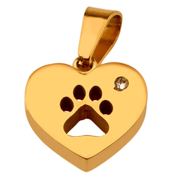 Stainless steel pendant heart with dog paw and rhinestone, gold-coloured, 13.5 x 14 x 4 mm, eyelet: 3 x 7 mm