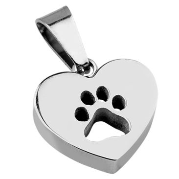 Stainless steel pendant heart with dog paw and rhinestone, silver-coloured, 13.5 x 14 x 4 mm, eyelet: 3 x 7 mm