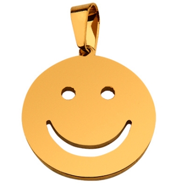 Stainless steel pendant smiley, gold-coloured, 18 x 17 x 1.1 mm, loop: 3 x 6 mm