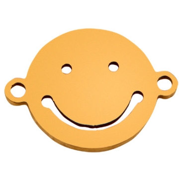 Stainless steel bracelet connector smiley, gold-coloured, 12.5 x 16.5 x 1 mm, eyelet: 1.5 mm