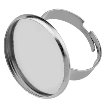 Stainless steel finger ring for round 20 mm cabochons, silver-coloured, size 8 (18 mm), adjustable