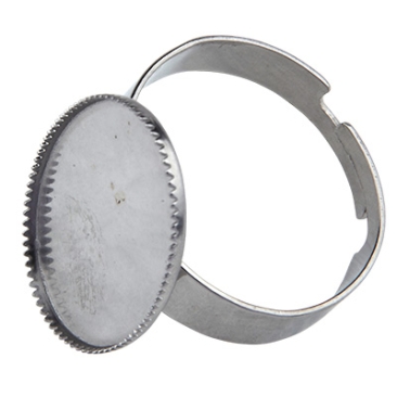 Stainless steel finger ring adjustable for oval cabochons 18 x 13 mm, silver-coloured, size 7, diameter 17 mm