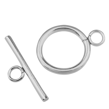 Stainless steel toggle clasp, silver-coloured, ring: 21 x 16 x 2 mm, eyelet: 3 mm; bar: 23 x 7 x 2 mm, eyelet: 3 mm