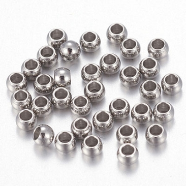 Stainless steel bead spacer ball, silver-coloured, 2 x 1.5 mm, hole: 1 mm, bag with 50 beads