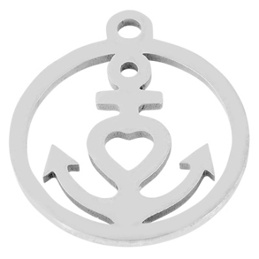 Stainless steel pendant, round with anchor, silver-coloured, 17.5x15x1 mm, loop: 1.4 mm