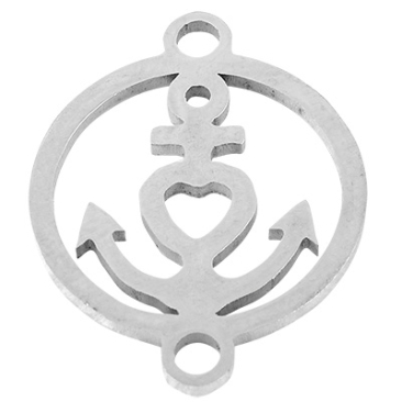 Stainless steel bracelet connector round with anchor, silver-coloured, 18x14x1 mm, loop: 1 mm