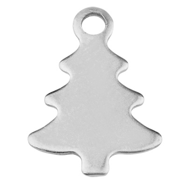Stainless steel pendant fir tree, silver-coloured, 12x8.5x0.5 mm, loop: 1.4 mm