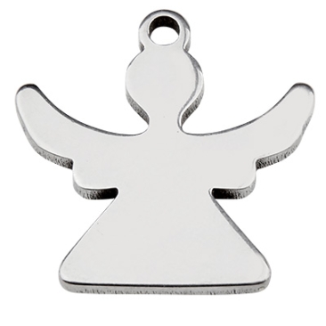Stainless steel pendant angel, silver-coloured, 13.5x13x1 mm, loop: 1.2 mm