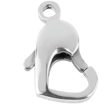 Stainless steel lobster clasp, heart, 8.5x15 mm, silver-coloured